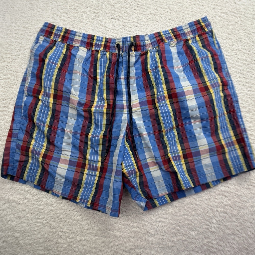 Blue Harbour Swim Trunks Mens XL (39-41) Red Plaid Lined 6.5" Beach Swimwear EUC